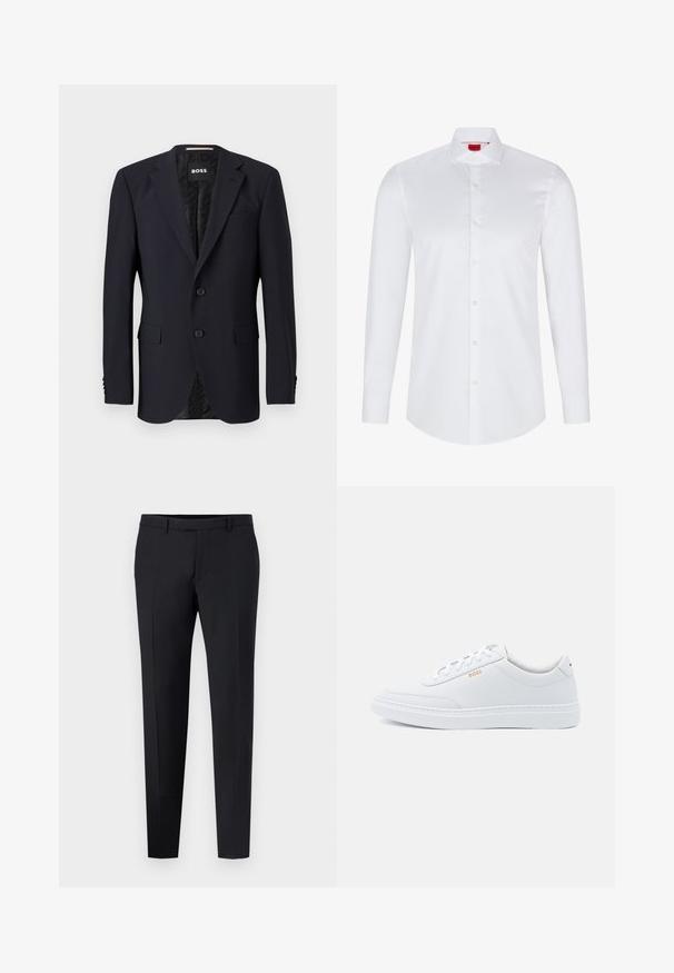 Blazer azul marino hecho de tejido texturizado, con cierre de dos botones, solapas con muesca y dos bolsillos frontales. Interior forrado con un patrón.; Camisa blanca de manga larga con botones, hecha de algodón suave. Presenta un cuello clásico, una botonera completa y un dobladillo redondeado.; Pantalones negros sastre de corte slim, con una parte delantera plana, lazos para cinturón y sin patrones o acentos visibles. Textura suave.; Zapatillas de cuero blanco con textura suave, puntera redondeada y costuras tonales. Cuentan con cordones azules y un logo dorado en el lateral.