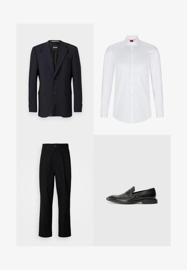 Námornícky modrý blazer vyrobený z texturovanej látky, so zapínaním na dva gombíky, klopovými goliermi a dvomi prednými vreckami. Podšívka s vzorom.; Biela košeľa s dlhým rukávom na gombíky vyrobená z hladkej bavlny. Má klasický golier, plnú gombíkovú légou a zaoblený lem.; Čierne nohavice s rovnými nohavicami, s gombíkovým pásom, pútkami na opasok a predným záhybom, vystavené na jednoduchej bielej pozadí.; Čierne kožené loafers s hladkou textúrou, špicatou špičkou a nízkym obdĺžnikovým podpätkom. Obsahuje horizontálny pruh na hornej časti.
