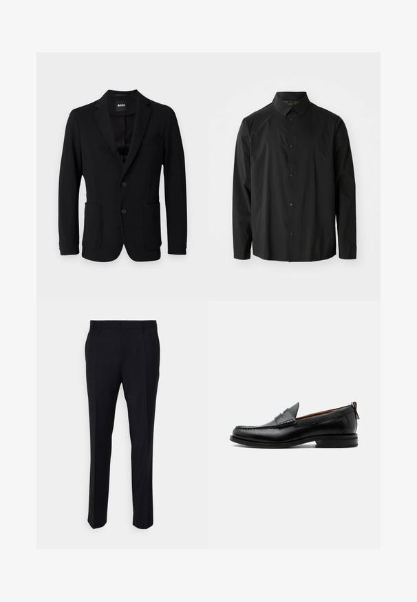 Schwarzer Blazer aus strukturiertem Stoff, mit einem Reverskragen, zwei vorderen Taschen und zwei Knöpfen. Das Etikett trägt die Aufschrift "BOSS".; Schwarzes Langarmhemd aus leichtem Stoff. Verfügt über eine durchgehende Knopfleiste, einen spitzen Kragen und ein dezentes Markenlogo auf der Brust.; Schwarze Hose aus gewebtem Stoff, mit taillierter Passform, flachem Bund, seitlichen Taschen und geradem Bein.; Schwarzer Leder-Herrenschuh mit Mokassinnaht, Penny-Riemen, strukturiertem Kragen und niedrigem gestapeltem Absatz auf weißem Hintergrund.