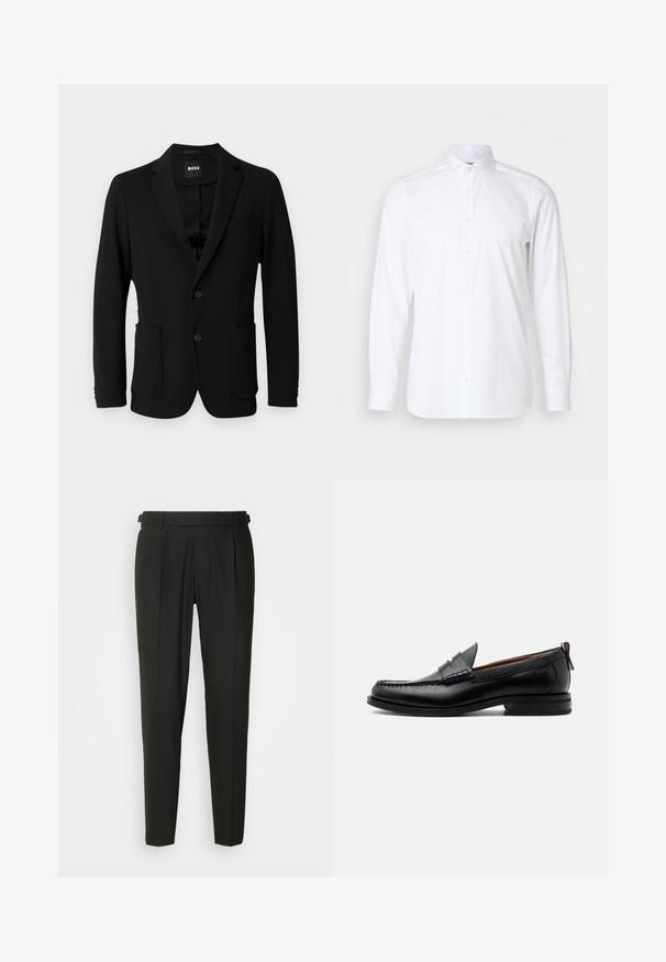 Schwarzer Blazer aus strukturiertem Stoff, mit einem Reverskragen, zwei vorderen Taschen und zwei Knöpfen. Das Etikett trägt die Aufschrift "BOSS".; Weißes Langarmhemd aus glattem Stoff, mit klassischem Kragen, Knopfleiste und tailliertem Schnitt. Keine Muster oder Akzente.; Schwarze maßgeschneiderte Hose mit flacher Vorderseite, zwei Falten, Gürtelschlaufen und geradem Bein. Hergestellt aus glattem, leichtem Stoff.; Schwarzer Leder-Herrenschuh mit Mokassinnaht, Penny-Riemen, strukturiertem Kragen und niedrigem gestapeltem Absatz auf weißem Hintergrund.