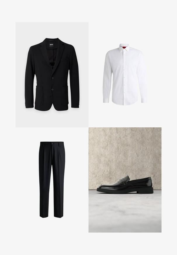 Blazer noir en tissu structuré, avec un col à revers, deux poches avant et deux boutons. L'étiquette indique "BOSS".; Chemise blanche à manches longues en tissu lisse avec un col classique et un ourlet arrondi. Présente des boutons beiges à l'avant.; Pantalons noirs en tissu lisse, avec une coupe droite, des plis à l'avant et une fermeture à bouton avec passants de ceinture.; Mocassin en cuir noir poli flottant au-dessus d'un tapis beige avec un mobilier translucide orange en arrière-plan.