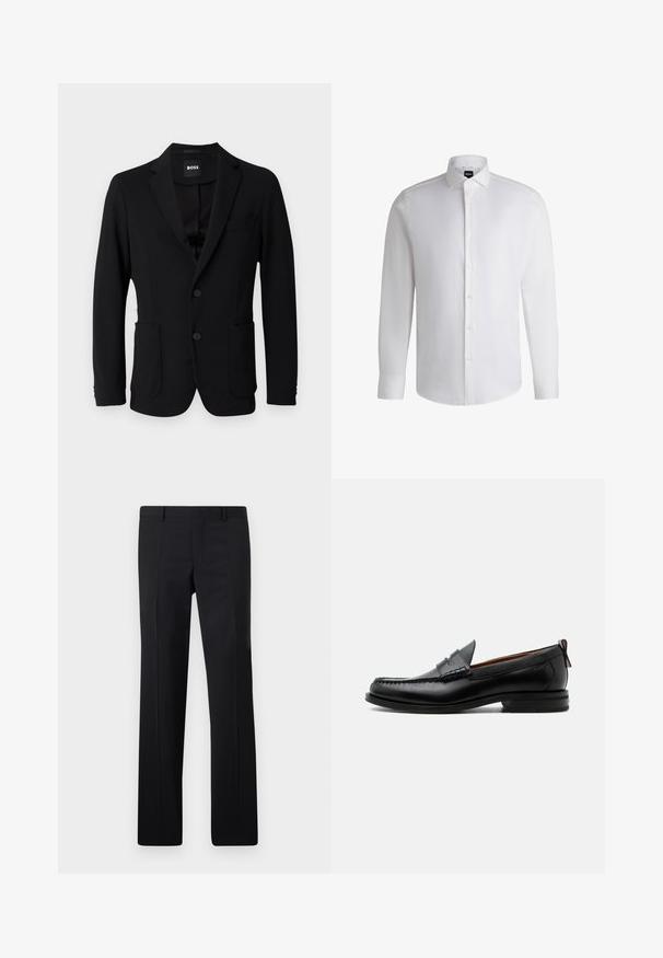 Schwarzer Blazer aus strukturiertem Stoff, mit einem Reverskragen, zwei vorderen Taschen und zwei Knöpfen. Das Etikett trägt die Aufschrift "BOSS".; Weißes Langarmhemd aus glattem Baumwollstoff, mit klassischem Kragen, durchgehender Knopfleiste und geknöpften Manschetten. Minimalistisches Design.; Schwarze maßgeschneiderte Hose mit geradem Schnitt, scharfen Falten und glatter Oberfläche. Hergestellt aus leichtem Stoff mit einem sauberen Bund.; Schwarzer Leder-Herrenschuh mit Mokassinnaht, Penny-Riemen, strukturiertem Kragen und niedrigem gestapeltem Absatz auf weißem Hintergrund.