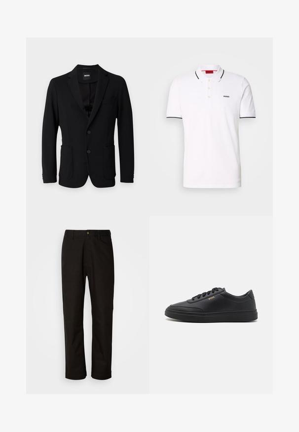 Schwarzer Blazer aus strukturiertem Stoff, mit einem Reverskragen, zwei vorderen Taschen und zwei Knöpfen. Das Etikett trägt die Aufschrift "BOSS".; Weiße Polohemden aus Baumwolle mit klassischem Kragen, einer drei-Knopf-Blende, schwarzem Saum an den Ärmeln und einem kleinen schwarzen Logo auf der Brust.; Schwarze Baumwollhosen mit geradem Schnitt, Gürtelschlaufen, einem Reißverschluss vorne und einem einzelnen Knopfverschluss. Glatte Textur ohne sichtbare Muster.; Schwarze Leder-Sneaker mit glatter Textur, runder Zehenpartie, flacher Gummisohle und einfarbigen Schnürsenkeln. Mit goldfarbenem "BOSS" Logo an der Seite.