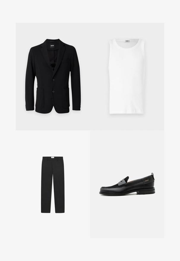 Schwarzer Blazer aus strukturiertem Stoff, mit einem Reverskragen, zwei vorderen Taschen und zwei Knöpfen. Das Etikett trägt die Aufschrift "BOSS".; Weißes Baumwoll-Tanktop ohne Ärmel mit Rundhalsausschnitt und glatter Textur. Einfaches Design, ohne Muster oder Akzente.; Schwarze Hose mit geradem Bein, aus einem glatten Stoff gefertigt, mit zwei Fronttaschen und einem Standardbund.; Schwarzer Lederloafer mit grauem Riemendetail, niedrigem Absatz und strukturierter Sohle, seitlich mit „HUGO“ in Gold gebrandmarkt.