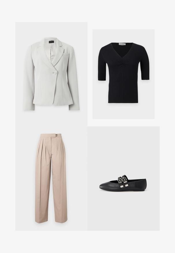 Blazer blanc cintré à manches longues, revers crantés, un bouton à l'avant et une poche poitrine, présenté sur fond uni.; Haut noir à manches courtes avec col en V et détail froncé au centre devant, fabriqué en tissu côtelé, présenté sur un fond uni.; Pantalon beige à jambes larges avec plis, deux fermetures métalliques à la taille et une texture lisse en coton. Pas de poches visibles.; Chaussure plate en cuir noir avec bout pointu et deux brides avec boucles argentées sur le dessus, photographiée sur un fond clair uni.