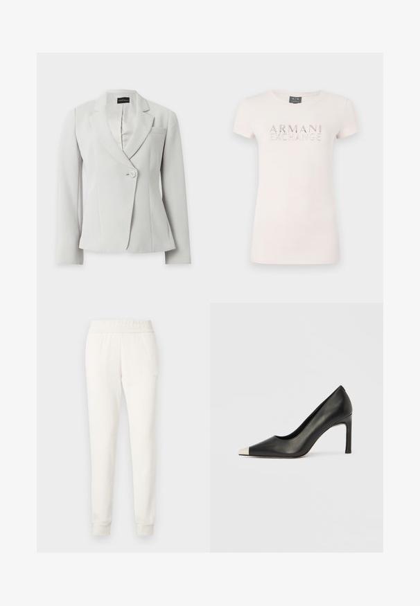 Blazer blanc cintré à manches longues, revers crantés, un bouton à l'avant et une poche poitrine, présenté sur fond uni.; T-shirt rose clair à manches courtes avec un logo en relief "ARMANI EXCHANGE" en accents métalliques. Tissu doux, encolure ronde classique, coupe ajustée.; Pantalon de jogger crème en tissu doux, avec une taille et des poignets ajustés. Design simple sans motifs visibles ni ornements.; Chaussure à talon haut en cuir noir avec bout pointu et capuchon argenté métallique. Présente une finition lisse et un talon fin de 10 cm.