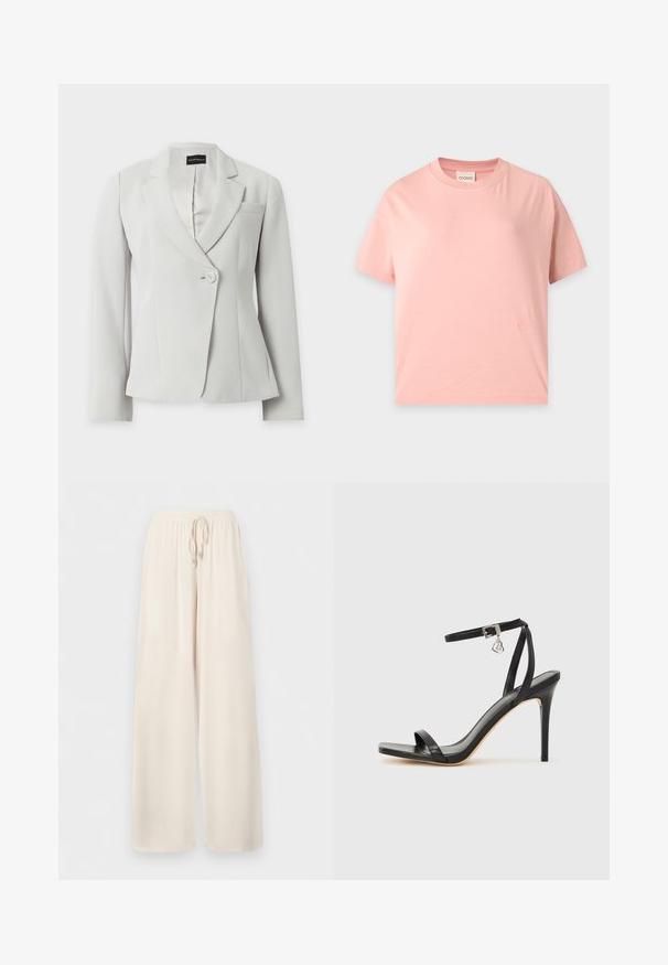 Blazer blanc cintré à manches longues, revers crantés, un bouton à l'avant et une poche poitrine, présenté sur fond uni.; T-shirt à manches courtes rose clair avec un col rond, une coupe droite et un petit logo brodé ton sur ton près de l’ourlet inférieur.; Pantalon ample de couleur crème avec ceinture élastique et cordon de serrage, fabriqué en tissu léger.; Sandale à talon haut noire avec une bride étroite à la cheville, bout carré, cuir lisse et accent de boucle métallique.