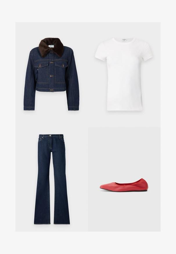Veste en jean courte bleu foncé avec col en fausse fourrure marron, dotée de deux poches poitrine et de surpiqûres apparentes.; T-shirt à manches courtes blanc côtelé avec un col rond. Le tissu semble lisse avec une silhouette ajustée. Étiquette de marque visible au niveau du col.; Jean flare bleu foncé en denim, dotés d'un design à cinq poches, de passants de ceinture et de coutures jaunes contrastées le long des coutures.; Filippa K REY FLATS - Ballerines - bright red