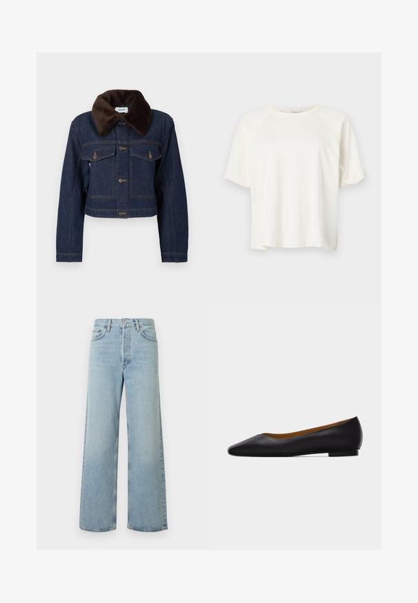 Veste en jean courte bleu foncé avec col en fausse fourrure marron, dotée de deux poches poitrine et de surpiqûres apparentes.; CLOSED WIDE SLEEVE - T-shirt basique - ivory; Jean large coupe pattes d'éléphant bleu clair en tissu denim avec une taille haute. Comprend cinq poches, une fermeture à bouton, et une texture subtilement délavée.; Chaussure plate en cuir noir à bout pointu avec talon bas et finition lisse, vue de côté sur un fond gris clair.