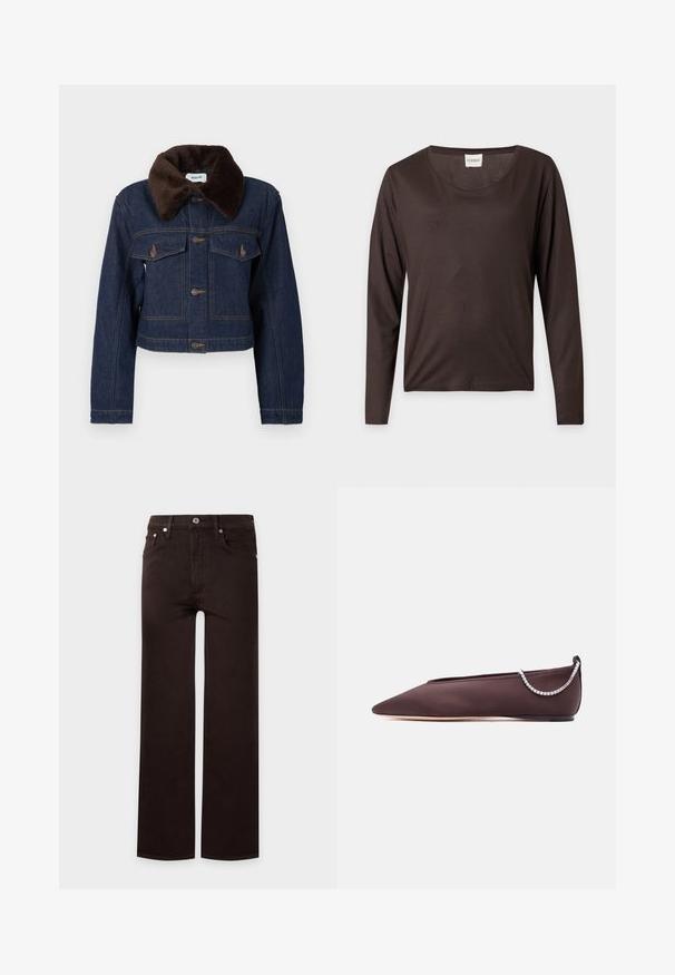 Veste en jean courte bleu foncé avec col en fausse fourrure marron, dotée de deux poches poitrine et de surpiqûres apparentes.; Chemise à manches longues marron foncé avec encolure ronde, ourlet droit et une petite étiquette blanche indiquant "CLOSED" à l’intérieur du col.; Jean noir à coupe droite avec fermeture par bouton et zip, passants de ceinture, poches avant et arrière sur fond uni.; Chaussure plate marron foncé à bout pointu avec un petit talon et un détail chaîne en strass argentée à l'arrière.