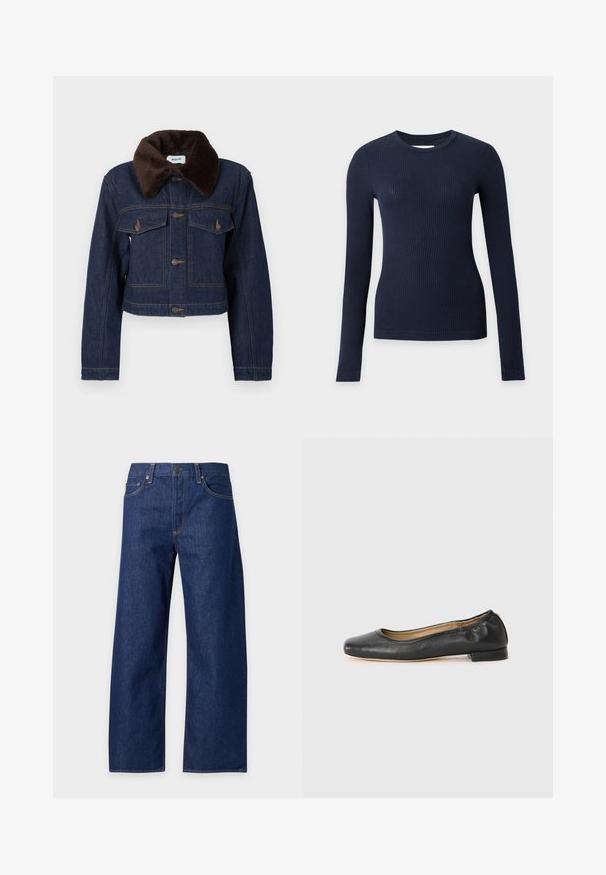 Veste en jean courte bleu foncé avec col en fausse fourrure marron, dotée de deux poches poitrine et de surpiqûres apparentes.; Pull ajusté bleu marine côtelé à manches longues avec col rond sur fond gris clair.; Jean denim bleu à jambes larges avec fermeture avant par bouton et fermeture éclair, poches avant et passants de ceinture, présenté sur un fond uni.; Ballerines en cuir noir avec un bout arrondi et des coutures minimales. Talon bas et rectangulaire avec une texture lisse. Détails subtils de doublure intérieure.