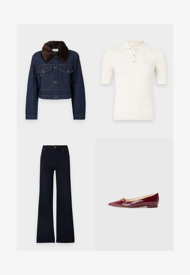 Veste en jean courte bleu foncé avec col en fausse fourrure marron, dotée de deux poches poitrine et de surpiqûres apparentes.; Polo crème côtelé à manches courtes, doté d'un col plat et de trois boutons décoratifs au niveau de l'encolure. Texture lisse.; Jean évasé bleu foncé en denim. Doté d'une fermeture par bouton, de cinq poches, et d'un design épuré avec peu de variations de texture.; Ballerines en cuir verni bordeaux avec un bout pointu, présentant un petit détail découpé et un petit talon. Texture lisse et design épuré.