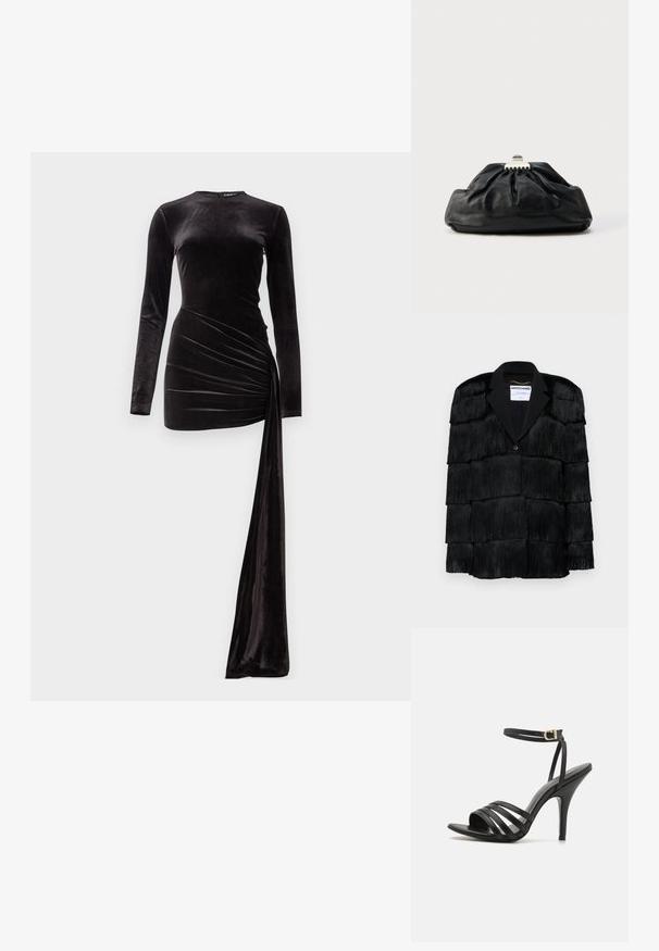 Zwarte jacket met gelaagde franjes, een gekartelde revers en een enkele knoopsluiting. Zachte textuur, gestructureerd ontwerp.; Zwarte fluwelen jurk met lange mouwen, een getailleerde lijfje en een gedrapeerde asymmetrische zoom. Vlotte textuur en een elegante silhouet zijn opvallende kenmerken.; Zwarte strappy hoge hak sandaal met een slanke enkelband, open teen en een gladde afwerking. Heeft een slanke hak en een gestructureerd bandontwerp.; Zwarte leren clutch met een geplooide textuur, metalen sluiting en een subtiel geperst logo aan de voorkant. Afgeronde vorm.