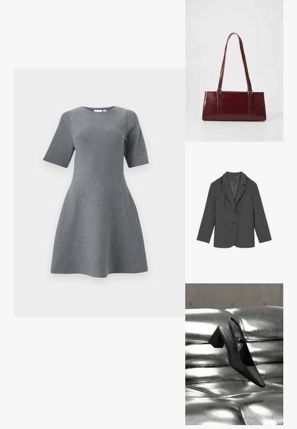 Grijze blazer met geplooide revers, twee voorzakken en twee knopen. Gladde stof met een subtiel geweven patroon, gestructureerde pasvorm en lange mouwen.; Grijze A-lijn jurk met korte mouwen, ronde halslijn en textuurgebreide stof, ontworpen voor een aansluitend bovenlijf en een uitlopende rok.; Zwarte slingback hak met een puntige neus, voorzien van een getextureerd oppervlak en een stevige blokhak. Geplaatst tegen een glanzende, metallic achtergrond.; Bourgondische handtas van glanzend materiaal, rechthoekige vorm, met twee schouderbanden en subtiele gebogen accenten aan de voorkant.
