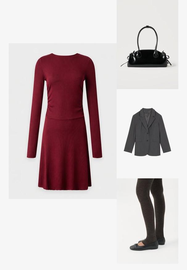 Blazer gris avec revers crantés, deux poches avant et deux boutons. Tissu lisse avec un motif de tissage subtil, coupe structurée et manches longues.; Robe à manches longues, rouge foncé, à encolure ronde et taille cintrée, en tissu côtelé.; Jambes portant des leggings côtelés foncés associés à des ballerines noires avec de petits détails en nœud sur fond blanc.; Petit sac à main noir brillant avec deux longues anses et des détails à cordon sur les côtés sur un fond clair uni.