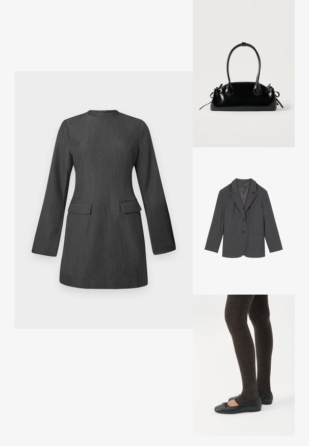 Blazer gris avec revers crantés, deux poches avant et deux boutons. Tissu lisse avec un motif de tissage subtil, coupe structurée et manches longues.; Robe ajustée grise avec des manches longues, un col rond et deux poches avant. Réalisée en tissu texturé, elle présente un design élégant et structuré.; Jambes portant des leggings côtelés foncés associés à des ballerines noires avec de petits détails en nœud sur fond blanc.; Petit sac à main noir brillant avec deux longues anses et des détails à cordon sur les côtés sur un fond clair uni.