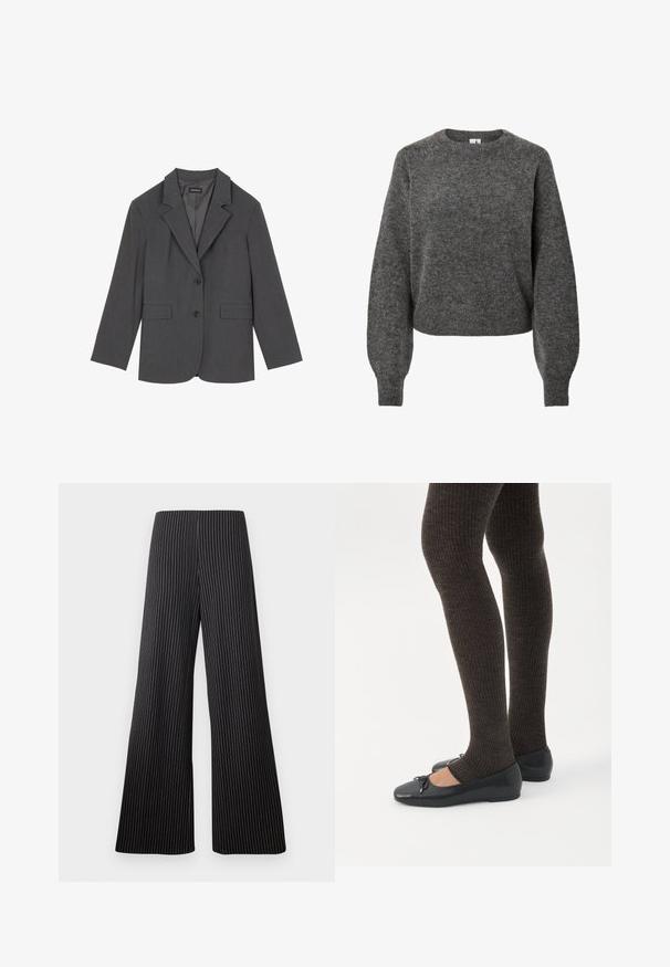 Grijze blazer met geplooide revers, twee voorzakken en twee knopen. Gladde stof met een subtiel geweven patroon, gestructureerde pasvorm en lange mouwen.; Donkergrijs wollen trui met lange mouwen, ronde hals en lichtgezakte mouwen, gebreide textuur en geribde manchetten en zoom.; Brede pijpen broek van zwarte stof met witte streepjes. Beschikt over een hoge taille en een gladde textuur. Geen zichtbare versieringen.; Benen met donkere geribbelde leggings gecombineerd met zwarte ballerina's met kleine strikdetails op een witte achtergrond.