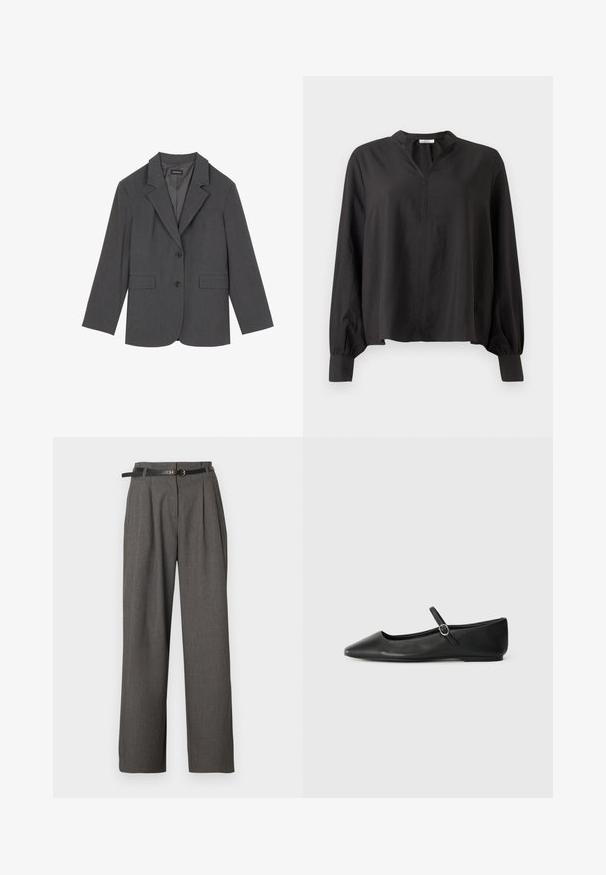 Blazer gris avec revers crantés, deux poches avant et deux boutons. Tissu lisse avec un motif de tissage subtil, coupe structurée et manches longues.; Blouse noire à manches longues avec un col, coupe détendue et manches élastiquées. Fabriquée en tissu léger avec une texture douce.; Pantalon gris taille haute avec plis et poches latérales, stylisé d'une fine ceinture noire avec une boucle ronde dorée.; Ballerines en cuir noir avec un bout pointu, une semelle plate et une petite sangle à boucle autour de la cheville pour un maintien sécurisé.