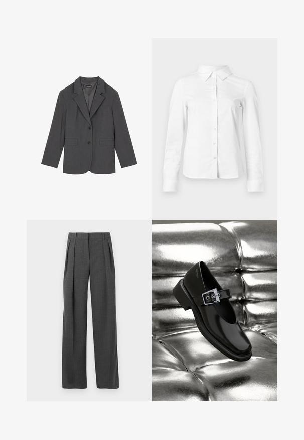 Blazer gris avec revers crantés, deux poches avant et deux boutons. Tissu lisse avec un motif de tissage subtil, coupe structurée et manches longues.; Chemise blanche à manches longues avec boutons, col pointu, ourlet droit et silhouette ajustée, présentée sur un fond clair uni.; Pantalons gris ajustés avec une coupe large, un devant plissé et un tissu texturé, présentant une finition soignée et sans matériel visible.; Chaussure Mary Jane en cuir noir avec un bout carré, un accent de boucle en argent et un talon bas épais, sur un fond argenté brillant.