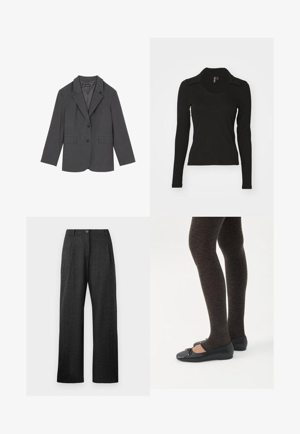 Grijze blazer met geplooide revers, twee voorzakken en twee knopen. Gladde stof met een subtiel geweven patroon, gestructureerde pasvorm en lange mouwen.; Zwarte langemouwtop met een v-hals en kraag, gemaakt van ribbelstof. Pasvormdesign, geen patronen of accenten zichtbaar.; Donkergrijze high-waist broeken met een knoopsluiting, plooien aan de voorkant, riemlussen en brede rechte pijpen.; Benen met donkere geribbelde leggings gecombineerd met zwarte ballerina's met kleine strikdetails op een witte achtergrond.