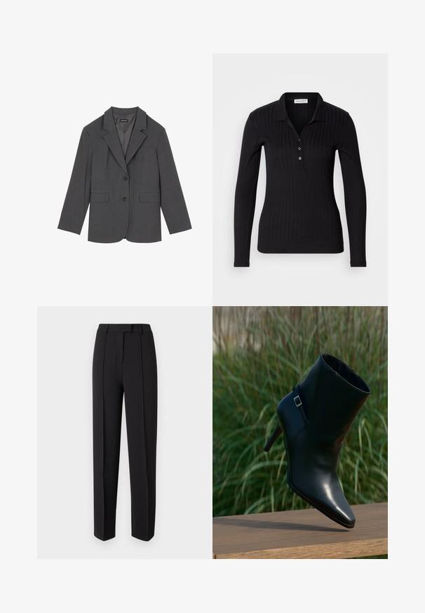 Grijze blazer met geplooide revers, twee voorzakken en twee knopen. Gladde stof met een subtiel geweven patroon, gestructureerde pasvorm en lange mouwen.; Zwarte lange mouwen polo shirt van ribstof, met een kraag, drie knoopsluiting en een slim-fit ontwerp.; Zwarte op maat gemaakte broek met een gladde textuur, voorzien van een rechte pasvorm, riemlussen en twee plooien aan de voorkant voor extra detail.; Zwarte leren enkellaars met een puntige neus, gestapelde hak, glinsterende textuur en een decoratieve band met een zilverkleurige gesp.