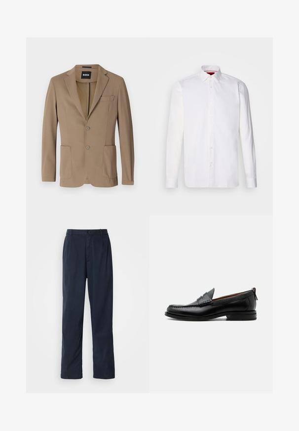 Blazer marrón hecho de un tejido texturizado, con dos bolsillos frontales, un bolsillo en el pecho y dos cierres de botón. Diseño ajustado.; Camisa blanca de manga larga hecha de algodón, con un collar clásico, placket frontal con botones y una textura suave. Detalle interior del collar en rojo.; Pantalones azul marino de mezcla de algodón. Cuentan con un diseño de pierna recta, cierre frontal con boton, y pliegues sutiles. Textura suave.; Mocasín de hombre de piel negra con costura moc toe, tira penny, cuello texturizado y tacón bajo apilado sobre fondo blanco.