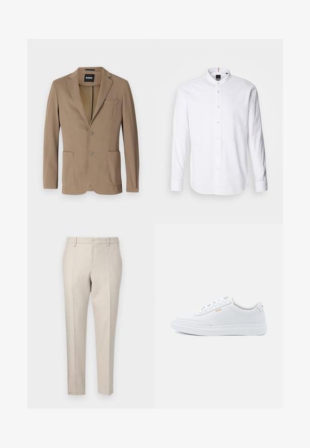 Brun blazer lavet af tekstureret stof, med to forlommer, en enkelt brystlomme og to knaplukninger. Skræddersyet design.; Hvid langærmet skjorte med bandkrave, knaplukning fortil og rund kant. Lavet af bomuld, med en glat struktur og subtil glans.; Beige skræddersyede bukser lavet af struktureret stof, med et klassisk snit, pressefolder og forlommer.; Hvide lædersneakers med glat tekstur, rund tå og ton-i-ton syning. Har blå snørebånd og et gult logo på siden.