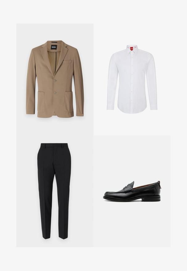 Brun blazer lavet af tekstureret stof, med to forlommer, en enkelt brystlomme og to knaplukninger. Skræddersyet design.; Hvid langærmet skjorte med krave, der har en knappet front og blødt, glat stof. Ingen mønstre eller detaljer synlige.; Sorte bukser med et skræddersyet design, flad front, pressefolder og en slank pasform. Lavet af et glat stof for et elegant udseende.; Sort læder herre loafer med moc-tå syning, penny strop, struktureret krave og lav stablet hæl på hvid baggrund.