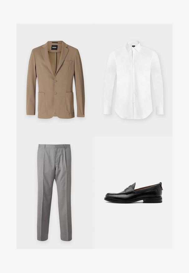 Blazer marrón hecho de un tejido texturizado, con dos bolsillos frontales, un bolsillo en el pecho y dos cierres de botón. Diseño ajustado.; Camisa blanca de vestir de manga larga con botones y cuello puntiagudo, colocada perfectamente plana sobre un fondo gris claro.; Pantalones gris con rayas y un corte a medida, con pliegues delanteros, trabillas para cinturón y una textura suave. Diseño de pierna recta, con dobladillos limpios.; Mocasín de hombre de piel negra con costura moc toe, tira penny, cuello texturizado y tacón bajo apilado sobre fondo blanco.