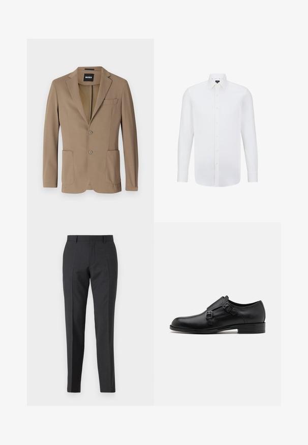 Bruine blazer van textiel met een structuur, voorzien van twee voorzakken, een enkele borstzak en twee knoopsluiten. Getailleerd ontwerp.; Witte lange mouwen shirt gemaakt van een gladde stof, met een klassieke kraag en knopen aan de voorkant, met een gestructureerde pasvorm en een subtiele glans.; Donkergrijze op maat gemaakte broek met een rechte pasvorm, voorzien van zijzakken en een subtiele textuur. De sluitingen bestaan uit een ritssluiting en ceintuurlussen.; Zwarte leren dresschoen met dubbele gespen, slank silhouet en ronde neus. Kenmerkt zich door een lage hak en een gladde textuur.
