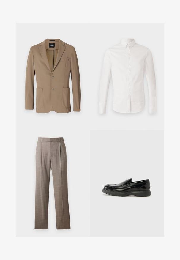 Blazer marrón hecho de un tejido texturizado, con dos bolsillos frontales, un bolsillo en el pecho y dos cierres de botón. Diseño ajustado.; Camisa blanca de manga larga hecha de algodón suave, con cuello clásico, frente abotonado y dobladillo curvado, con un sutil detalle de logo bordado.; Pantalones rectos ajustados color marrón con pasadores de cinturón y pliegues frontales, mostrados sobre un fondo blanco.; Mocasín de cuero negro con un acabado brillante, punta redondeada, detalles de costura sutiles y una suela de goma gruesa para mayor durabilidad.