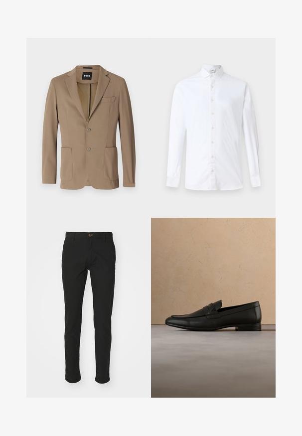 Brun blazer lavet af tekstureret stof, med to forlommer, en enkelt brystlomme og to knaplukninger. Skræddersyet design.; Hvid langærmet skjorte med knapper i bomuld, med klassisk krave, lige snit og en glat tekstur med matchende knapper.; Sorte chinos lavet af en blanding af bomuldsstof, slim fit design, med en brun knaplukning, to sidelommer og opsmøgede ben.; Sort læderloafer svæver over beige tæppe med beige sofa i et minimalistisk indendørsmiljø.