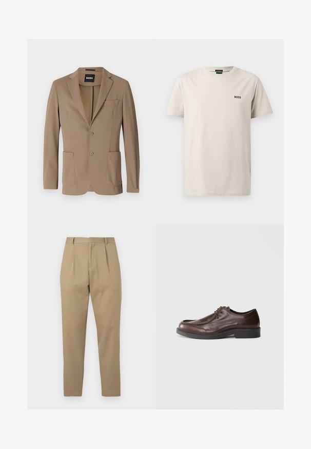 Brun blazer lavet af tekstureret stof, med to forlommer, en enkelt brystlomme og to knaplukninger. Skræddersyet design.; Lyse beige bomulds-T-shirt med rund hals, korte ærmer og et lille sort "BOSS"-logo på venstre bryst. Glat tekstur.; Khaki bukser med et skræddersyet design, der har en flad fortil, to plisseringer og en slank ben silhuet. Fremstillet af glat stof med en ren finish.; Brune lædersko med rund tå, minimal syning og en solid sort sål. Har snørelukning og en glat overflade.