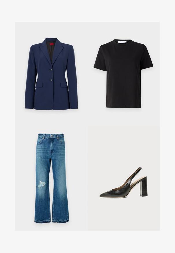 Blazer bleu marine en tissu lisse, avec un col cranté, deux poches avant et une fermeture à deux boutons avec des boutons noirs.; T-shirt noir à manches courtes en coton doux, avec un col rond, une coupe décontractée et une texture lisse. Pas de motifs ni de graphiques visibles.; Jean en denim bleu évasé avec un ourlet effiloché et une pièce abîmée sur la cuisse gauche. Présente un design classique à cinq poches et des boutons en métal.; Chaussure slingback en cuir noir à bout pointu avec un talon bloc haut et une doublure intérieure beige sur un fond clair uni.