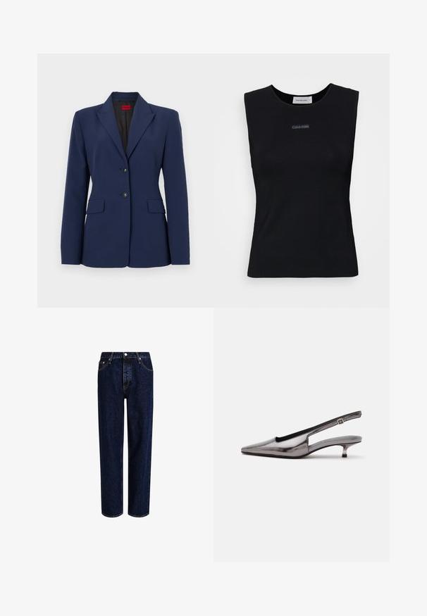 Marineblå blazer lavet af glat stof, med en almindelig krave, to frontlommer og to-knaps lukning med sorte knapper.; Sort ærmeløs top lavet af glat stof. Har en rund halsudskæring og et lille Calvin Klein-logo i midten. Simpelt og tætsiddende design.; Mørkeblå denim jeans med lige ben-design, der har høj talje, fem-lomme-stil og kontrastsyninger. Ingen dekorationer.; Metalgrå spids slingback-sko med lav kittenhæle og justerbar rem på hvid baggrund.
