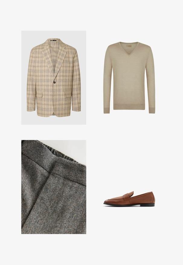 Lys beige blazer med et ternet mønster i brun og marineblå. Har klippede kraver, en enkelt knaplukning og to forlommer.; Beige v-hals sweater lavet af blødt stof, med lange ærmer, ribbede manchetter og nederkant, samt en glat overflade og minimalistisk design.; Grå uldblandingsbukser med en glat tekstur, der har en bred talje og en ren, klassisk pasform. Subtile farveprikker er til stede.; Brune læder loafers med en lav silhuet, rund tå og syet detaljering på vampen. Solid sort sål med en glat finish.