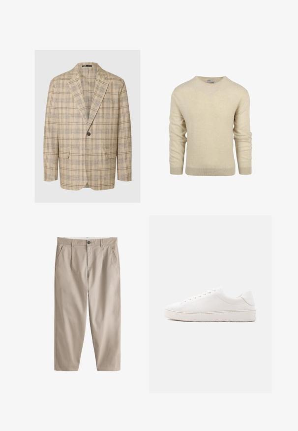 Lichtbeige blazer met een geruit patroon in bruin en marineblauw. Heeft notch-lapels, een enkele knoopsluiting en twee voorzakken.; Beige trui met ronde hals, lange mouwen en geribde boorden en zoom, afgebeeld op een effen witte achtergrond.; Beige rechte broek met riemlussen, knoop- en ritssluiting aan de voorkant, zijzakken en zichtbare stikseldetails op een witte achtergrond.; Witte lederen sneaker met een gladde afwerking, ronde neus, vetersluiting met zes veteroogjes en een rubberen zool met structuur. Minimalistisch ontwerp zonder patronen.