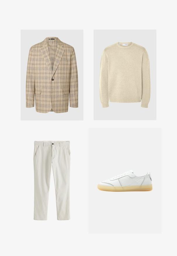 Lys beige blazer med et ternet mønster i brun og marineblå. Har klippede kraver, en enkelt knaplukning og to forlommer.; Lys beige striktrøje med rund halsudskæring, lange ærmer, ribbede manchetter og kant. Glat tekstur med et mellemtykt mønster.; Beige herre afslappede bukser med bæltestropper, frontknap, lynlås og sidelommer, vist fladt på hvid baggrund.; Hvid lavtop læder sneaker med beige gennemsigtig sål, snørelukning foran og minimal syning, vist fra siden mod en ensfarvet baggrund.
