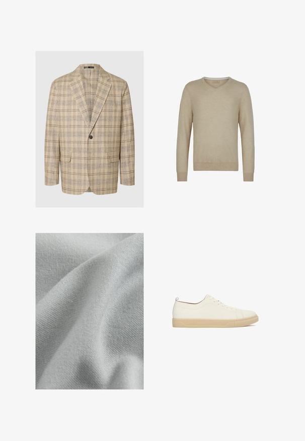 Lys beige blazer med et ternet mønster i brun og marineblå. Har klippede kraver, en enkelt knaplukning og to forlommer.; Beige v-hals sweater lavet af blødt stof, med lange ærmer og ribbet kant. Enkelt, klassisk design uden mønstre eller udsmykninger.; Lys grå stof med en blød, glat tekstur og et subtilt strikket mønster, draperet for at vise sit fleksible og flydende design.; Hvide læder sneakers med lav profil, rund tå, flad tan gummisål og snøredesign med seks huller. Har en lille træktab i ryggen.