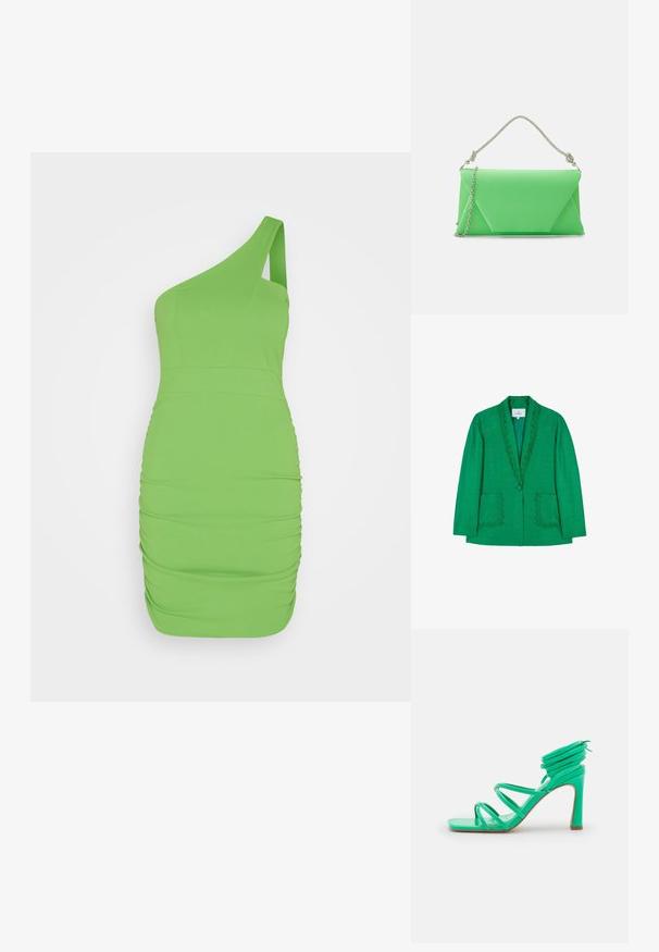 Blazer vert avec un col festonné, deux poches avant et une fermeture à un bouton. Fabriqué en tissu texturé, coupe ajustée.; WAL G. BENI ONE SHOULDER MINI - Robe de jour - leaf green; NA-KD STRAPPY FUNNEL - Sandales à talons hauts - green; Mascara CB61156 - Pochette - apple
