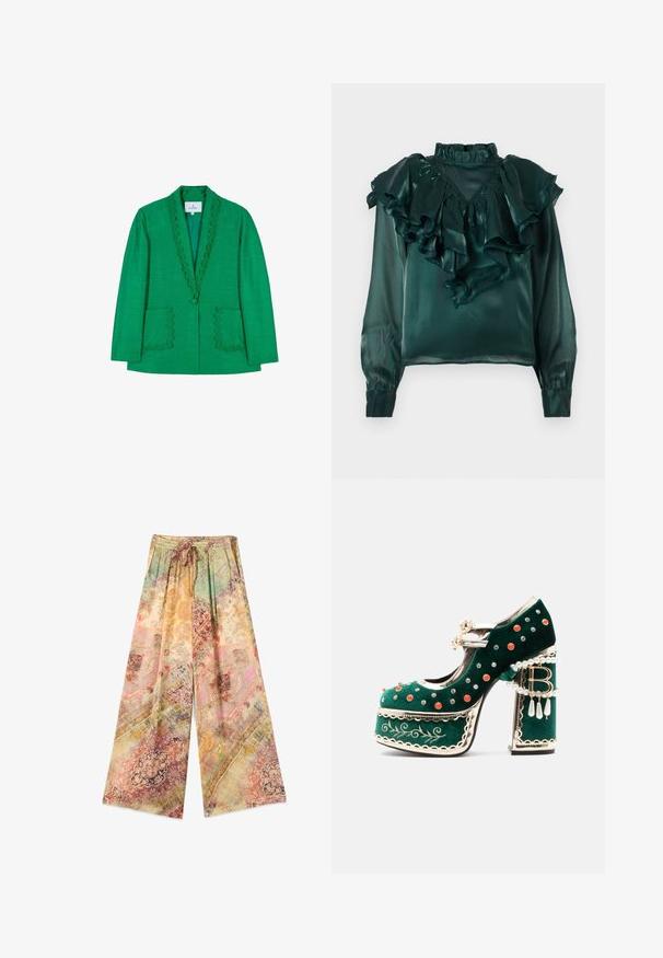 Blazer vert avec un col festonné, deux poches avant et une fermeture à un bouton. Fabriqué en tissu texturé, coupe ajustée.; Blouse en satin teal avec un col et des manches à volants. Présente un col haut et des poignets fuselés, mettant en valeur une texture lisse et brillante.; Pantalon à jambes larges avec ceinture élastique et cordon de serrage, avec un motif patchwork vintage floral et géométrique multicolore.; Chaussure à plateforme en velours vert avec des clous décoratifs rouges et argentés, des brides en perles, une bordure dorée, une broderie et un talon bloc avec des perles pendantes et un charme "B".