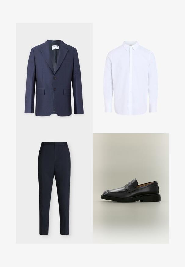 Blazer bleu marine pour homme avec revers à encoche, fermeture à deux boutons sur le devant, poches à rabat et une poche poitrine sur fond uni.; Chemise blanche à manches longues avec col classique, en tissu lisse, avec une patte de boutonnage devant et un ourlet arrondi.; Pantalon formel bleu marine coupe slim avec passants pour ceinture et fermeture avant dissimulée, présenté à plat sur un fond clair uni.; Mocassin homme en cuir noir avec un petit talon et une bride sur le dessus, montré de profil sur un fond neutre.
