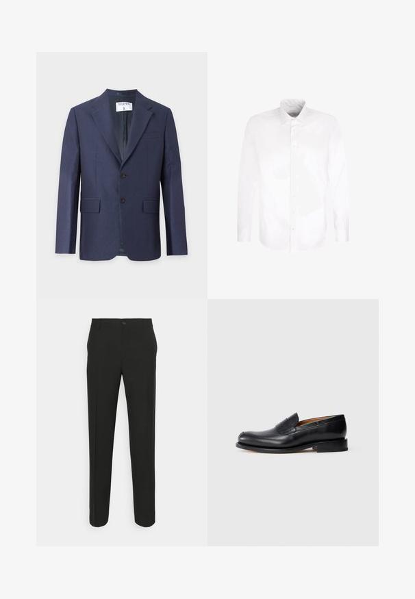 Blazer bleu marine pour homme avec revers à encoche, fermeture à deux boutons sur le devant, poches à rabat et une poche poitrine sur fond uni.; Chemise blanche à manches longues avec boutons et col pointu, présentée à plat sur un fond blanc.; Pantalons noirs ajustés à coupe droite, dotés d'une fermeture à un bouton et de passants de ceinture. Tissu lisse, mat et sans motifs.; Mocassin en cuir noir avec une finition lisse, bout arrondi et un petit rabat à l'avant. Caractérisé par un petit talon noir uni et des accents de design minimaux.