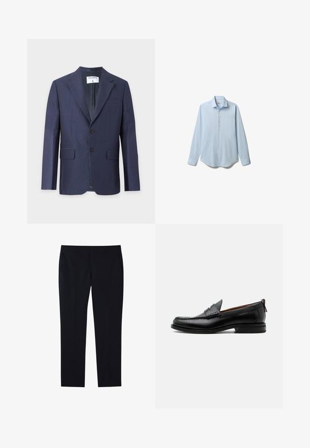 Blazer bleu marine pour homme avec revers à encoche, fermeture à deux boutons sur le devant, poches à rabat et une poche poitrine sur fond uni.; Chemise habillée bleu clair à manches longues, boutonnée sur le devant, avec col pointu, présentée à plat sur fond blanc.; Pantalon noir droit sur mesure avec passants de ceinture, poches latérales et devant plat.; Mocassin homme en cuir noir avec couture moc toe, bride penny, col texturé et petit talon empilé sur fond blanc.
