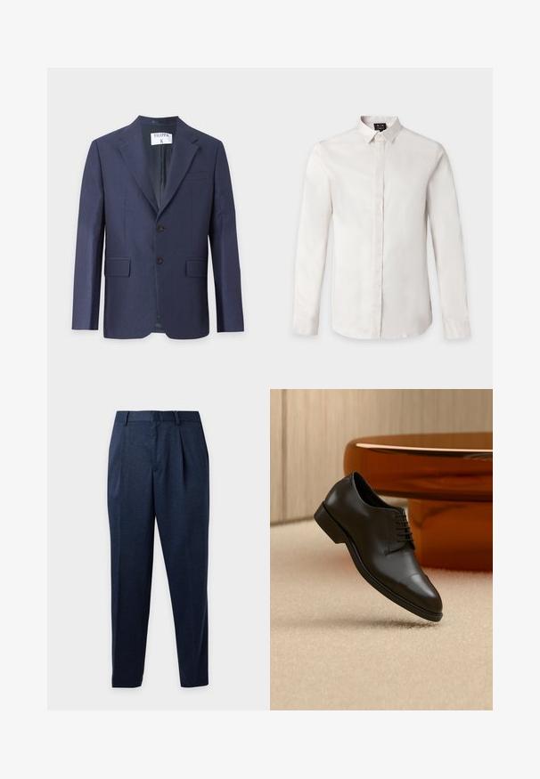 Blazer bleu marine pour homme avec revers à encoche, fermeture à deux boutons sur le devant, poches à rabat et une poche poitrine sur fond uni.; Chemise blanche à manches longues avec col pointu et patte de boutonnage dissimulée sur fond uni.; Pantalon habillé pour homme bleu marine avec un motif à carreaux subtil, passants de ceinture et plis devant, présenté sur un fond clair uni.; Chaussure habillée en cuir noir avec lacets flottant au-dessus d'un tapis beige, une table ronde orange en arrière-plan.