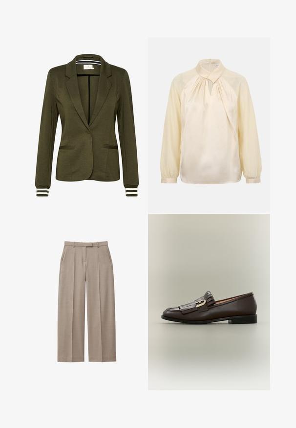 Blazer vert olive au design structuré, fermeture à bouton unique, deux poches avant et accents rayés sur les poignets.; Blouse à manches longues couleur crème avec col montant, encolure plissée, découpe en forme de goutte et poignets boutonnés.; Pantalon beige à jambes larges avec passants pour ceinture, plis devant, poches latérales et fermeture frontale dissimulée.; Mocassin en cuir marron foncé avec détail à franges et boucle dorée sur fond neutre, vue latérale.