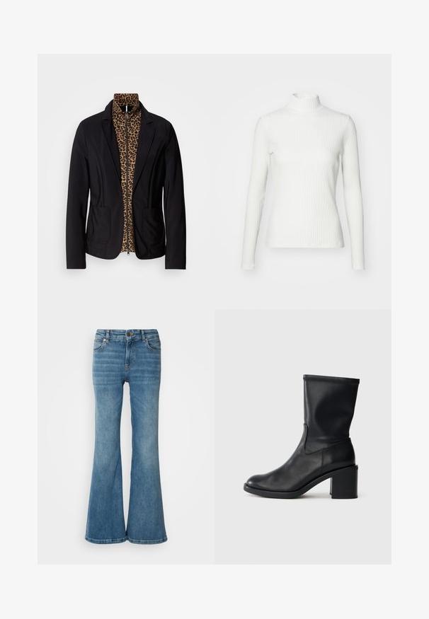 Blazer noir avec doublure intérieure en imprimé léopard et fermeture zippée. Présente deux poches avant et des épaules structurées. Texture lisse.; Haut col roulé blanc à côtes avec des manches longues, fabriqué en tissu extensible. Présente un design ajusté et un encolure haute pour plus de couverture.; Jean évasé bleu clair en denim, doté de cinq poches, de coutures visibles, et d'une fermeture à bouton et à zip à la taille.; Botte en cuir noir à cheville avec un bout rond, texture lisse et un talon épais, présentant un tige ajustée et un subtil détail de couture.