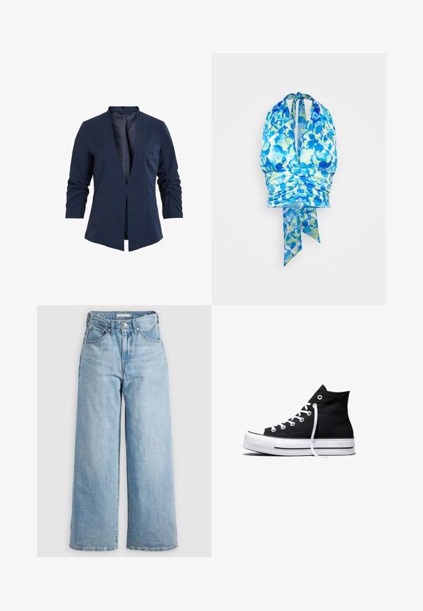 Blazer navy en una tela suave con escote en V profundo, mangas largas y detalles fruncidos en las mangas. Diseño de frente abierto.; Gina Tricot MULTIWAY - Top - blue flower; Vaqueros de pierna ancha de color azul claro con una cintura alta, confeccionados en tejido de denimbre. Presentan un diseño clásico de cinco bolsillos y herrajes metálicos.; Zapatilla alta de lona negra con suela de goma blanca y cordones blancos, vista de lado sobre un fondo blanco.