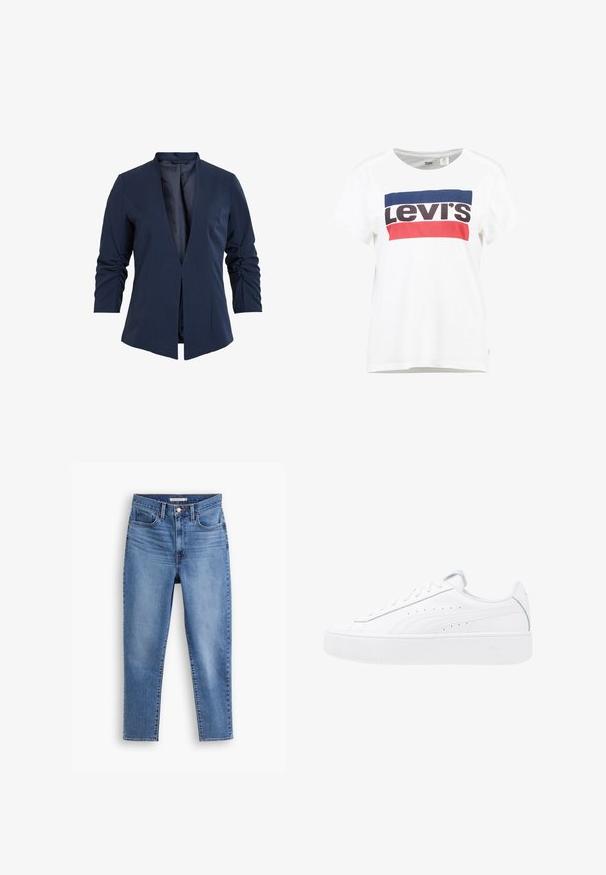 Blazer navy en tissu lisse avec un décolleté en V profond, des manches longues et des détails froncés sur les manches. Conception à ouverture frontale.; T-shirt en coton blanc à manches courtes et col rond, arborant un design central du logo Levi's en bleu, rouge et noir.; Jeans pour femmes taille haute bleus avec fermeture à bouton et à zip à l'avant, passants de ceinture et design à cinq poches, posés sur un fond blanc.; Baskets plateformes blanches avec tige en cuir, bout rond et fermeture à lacets. Présente des perforations sur les côtés et un logo discret au niveau du talon.