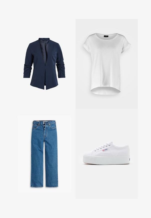 Blazer navy en tissu lisse avec un décolleté en V profond, des manches longues et des détails froncés sur les manches. Conception à ouverture frontale.; T-shirt blanc à manches courtes avec un col rond, ourlet arrière légèrement plus long, en tissu de coton doux et avec des manches retroussées. Pas d'imprimés visibles.; Jeans en denim bleu à jambe droite avec une taille haute, design à cinq poches et zip à bouton. Couture visible et rivets en ton cuivre.; Baskets en toile blanches avec une épaisse semelle plateforme blanche, bout rond et œillets en métal pour les lacets. Logo de la marque affiché sur le côté.